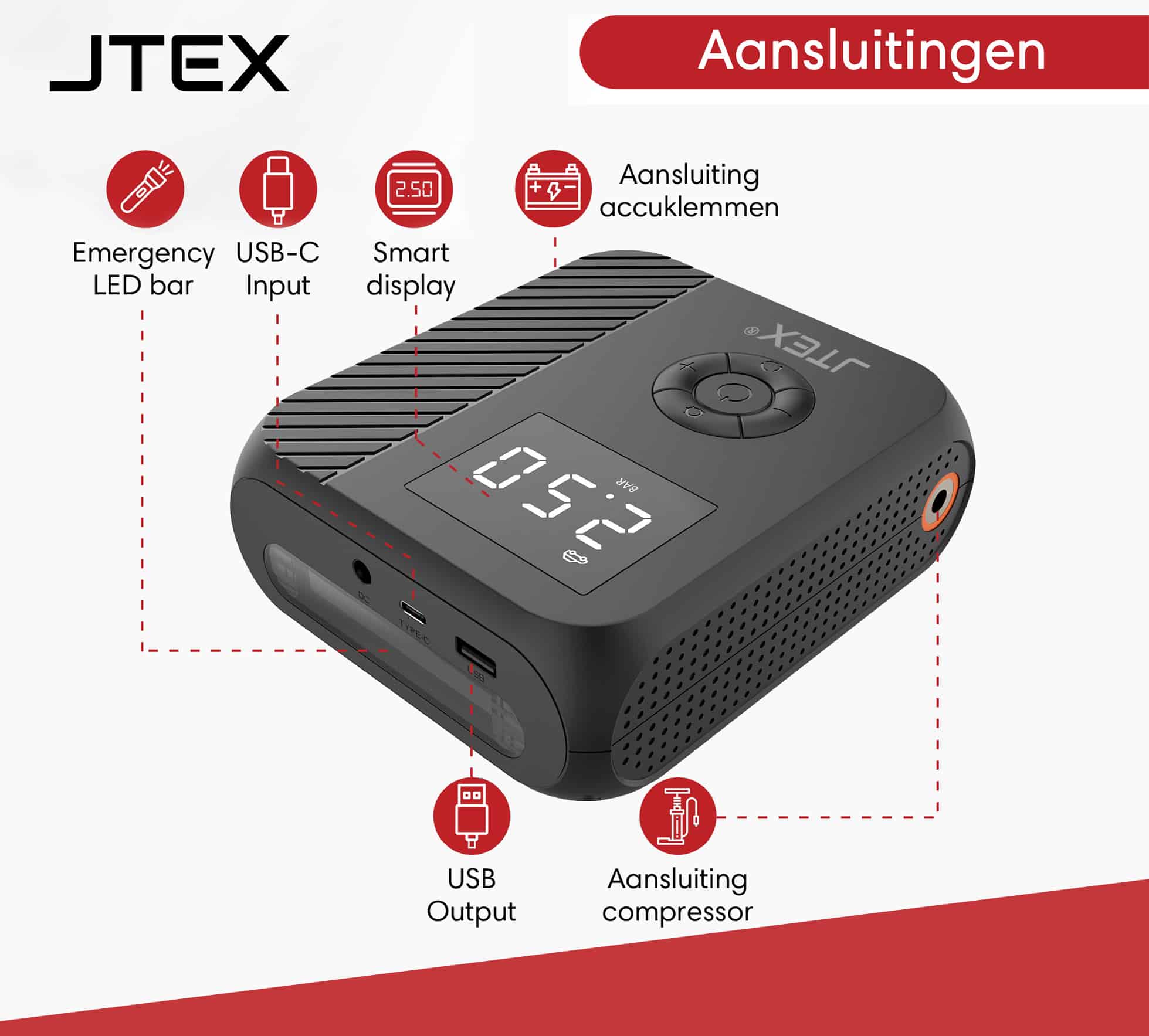 Arrancador de batería JTEX 12 V + compresor 1200 A 5 en 1 Ayuda de arranque 4